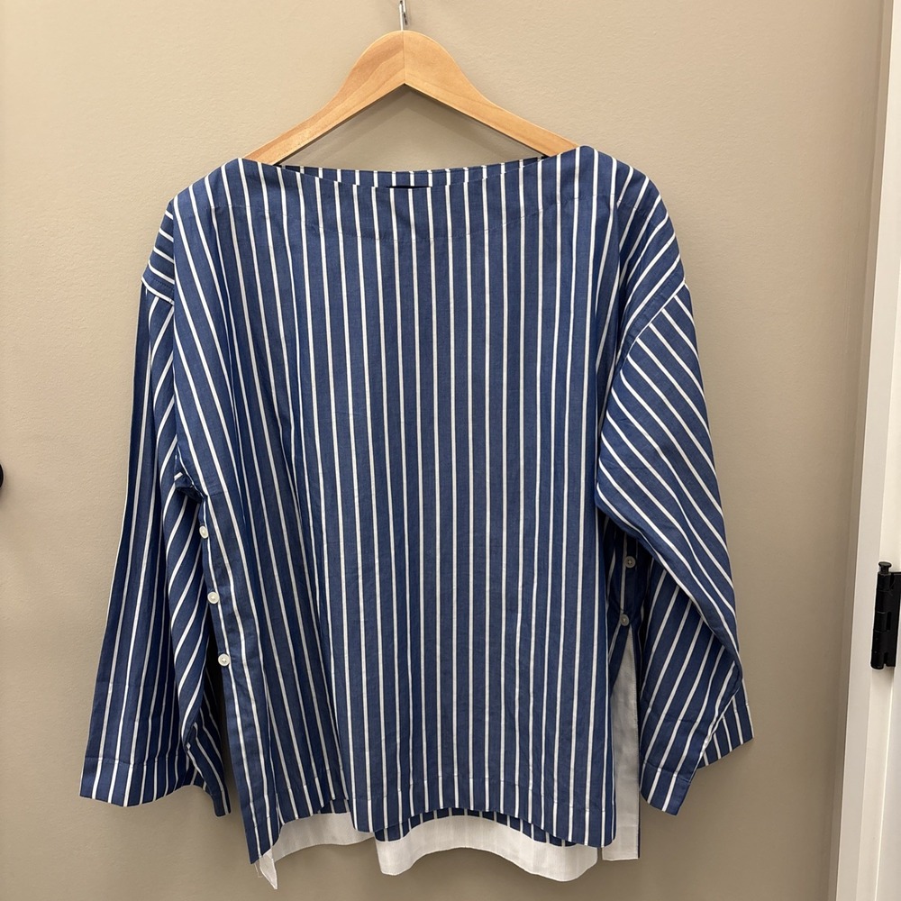 J Crew Regenerative Cotton Blue White Striped Top Womens Medium Nautical Preppy